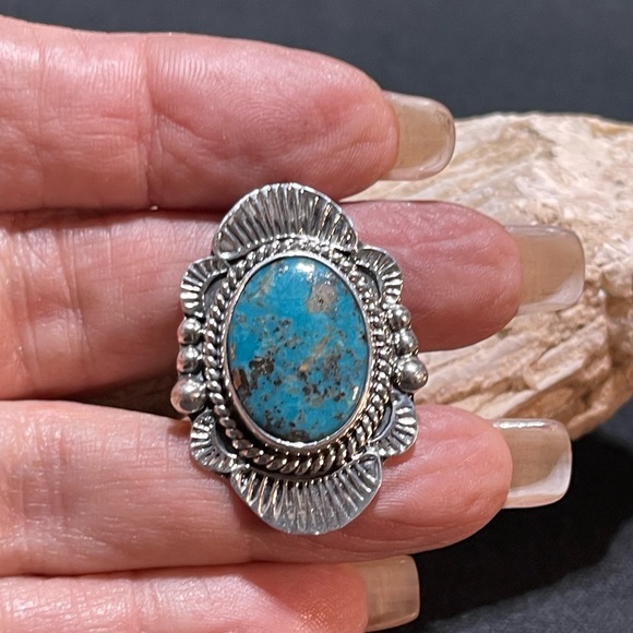 SOLD……Kingman Turquoise Adjustable Sterling Ring - Picture 5 of 6